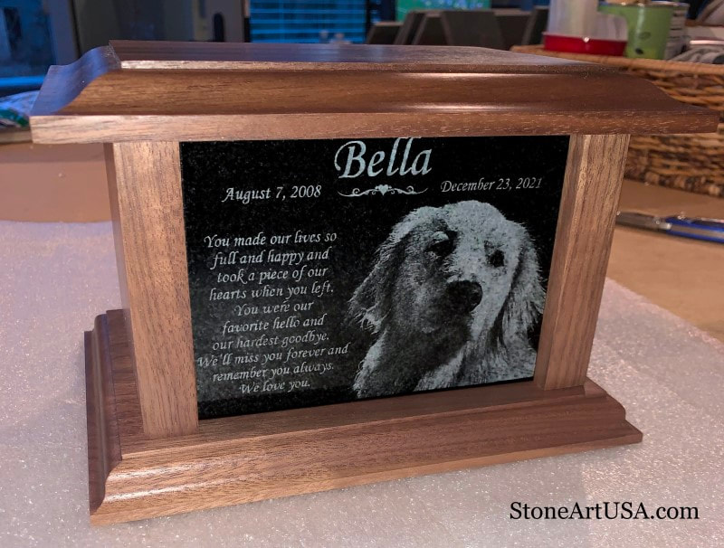 laser etched granite and walnut pet urn by StoneArtUSA.com