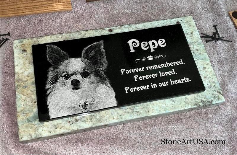 R.I.P. Pepe ... large granite on granite garden marker with custom laser etching by StoneArtUSA.com .